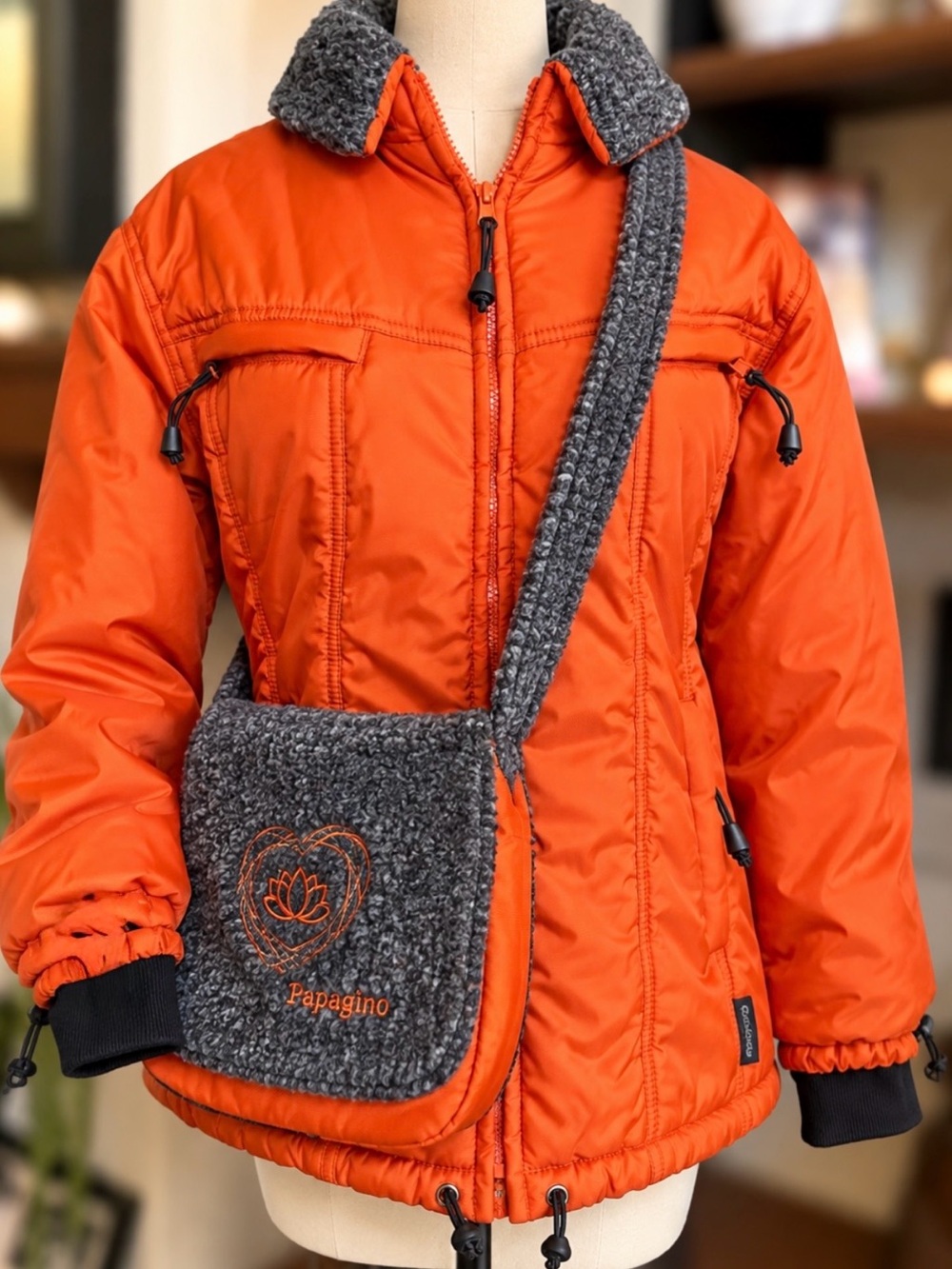 Insulated Winter Parka Jacket + Matching Crossbody Bag Orange Gray Black S/M